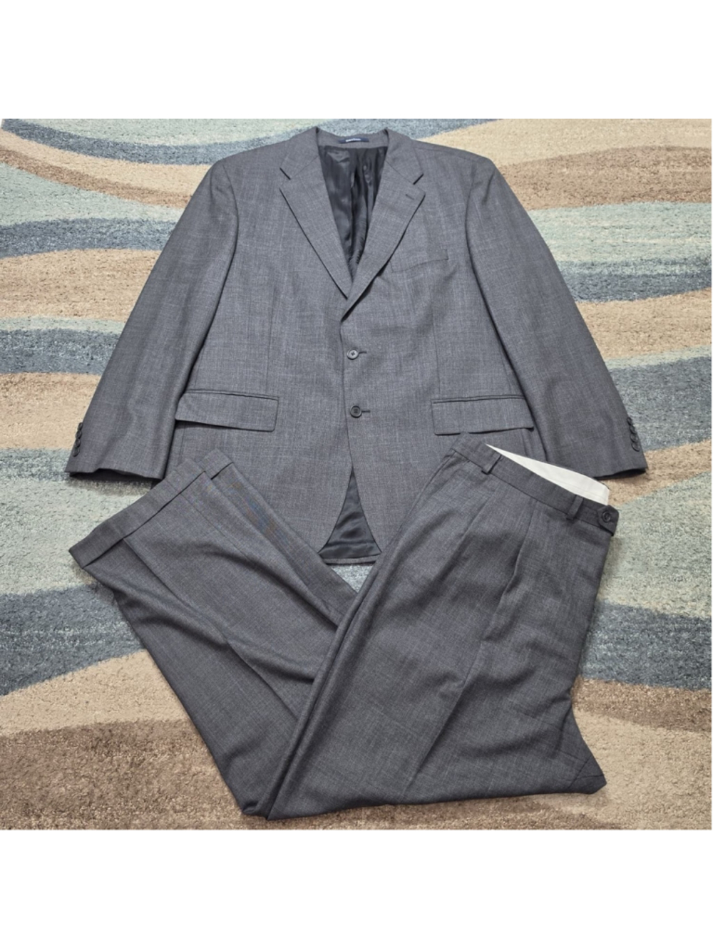 Polo University Club Ralph Lauren Men Gray Wool Windowpane 2 Piece Suit 48L 42W